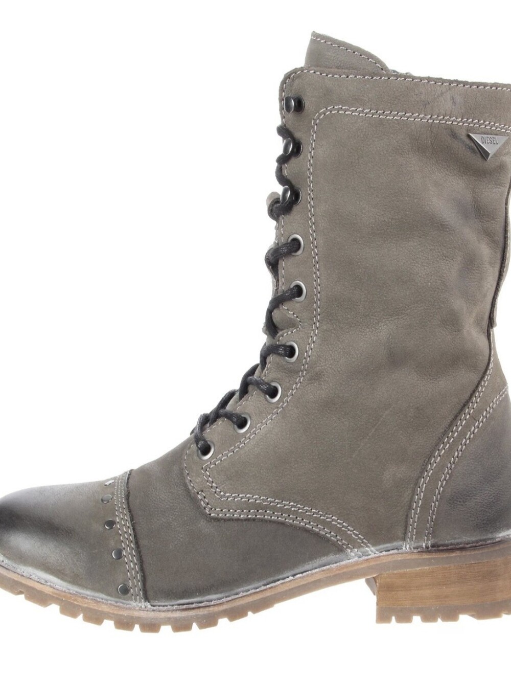 Diesel Women's Gray Lace-Up Leather Combat Boot with Studded Cap
